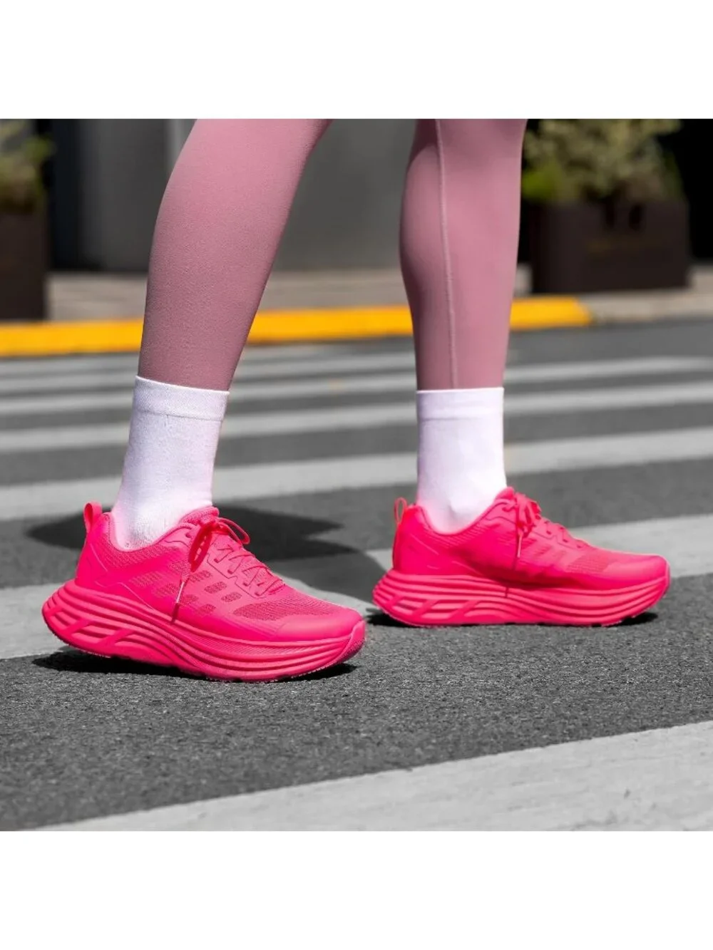 Women's Hot Pink Walking Shoes Lace Up No Heel Round Toe Athletic Sneaker